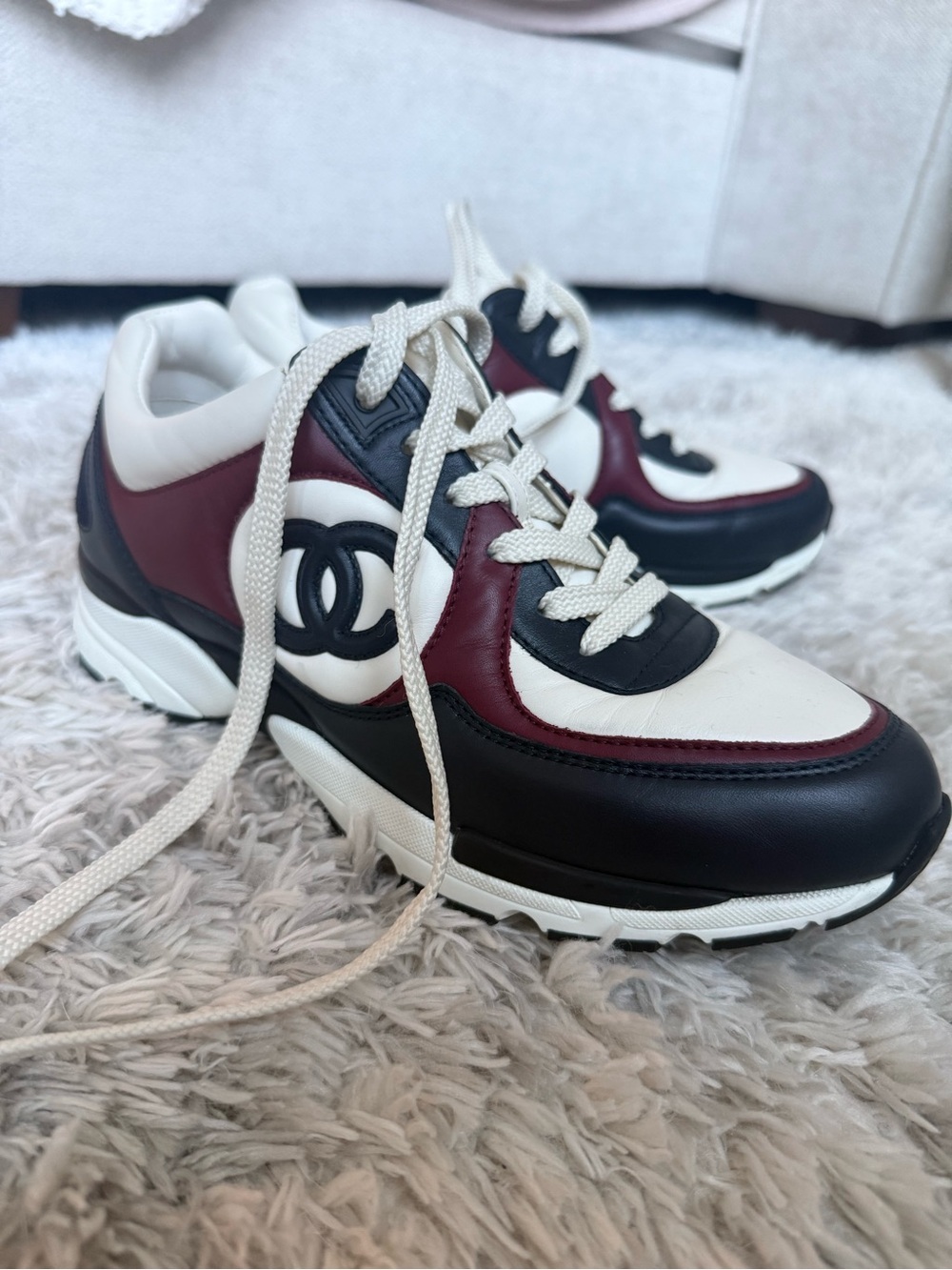 CHANEL Multicolor Leather Lace-Up Sneakers in White, Black & Burgundy